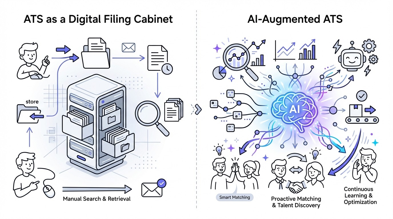 A side-by-side diagram comparing two ATS systems. The left side shows a 'Digital Filing Cabinet' ATS with static server racks and manual search icons, representing storage. The right side shows an 'AI-Augmented ATS' with glowing neural networks, dynamic data streams, and AI brain icons, representing intelligence and connectivity.