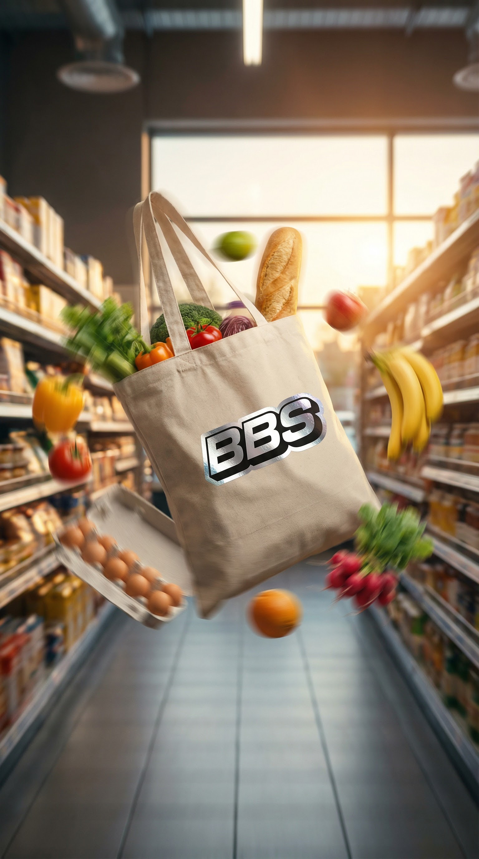 Reusable grocery bag floating in supermarket aisle with flying food items.