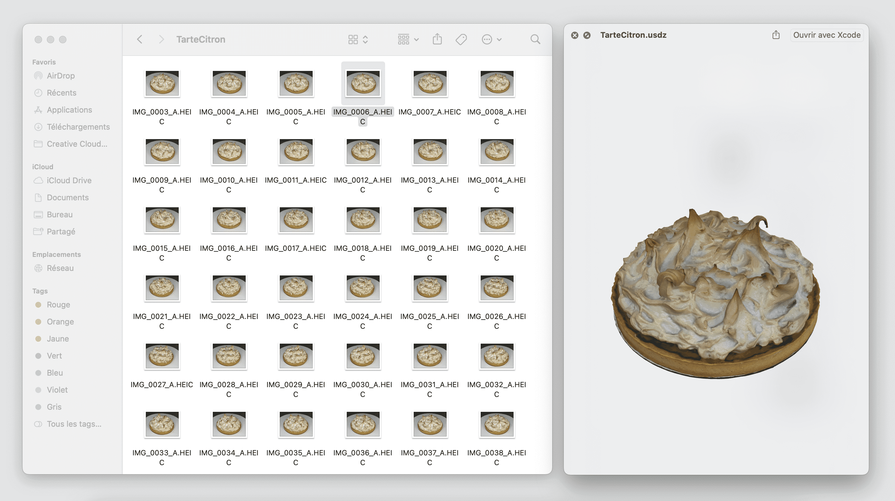 Capture d’écran d’un logiciel de photogrammétrie affichant plusieurs vignettes d’une tarte citron meringuée sous différents angles à gauche, ainsi qu’une reconstruction détaillée en 3D de la tarte à droite.