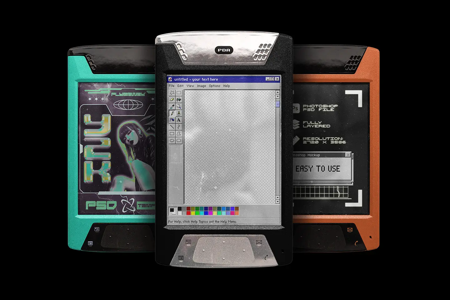 Retro smart device mockup with multiple PDA color variations and screen design examples