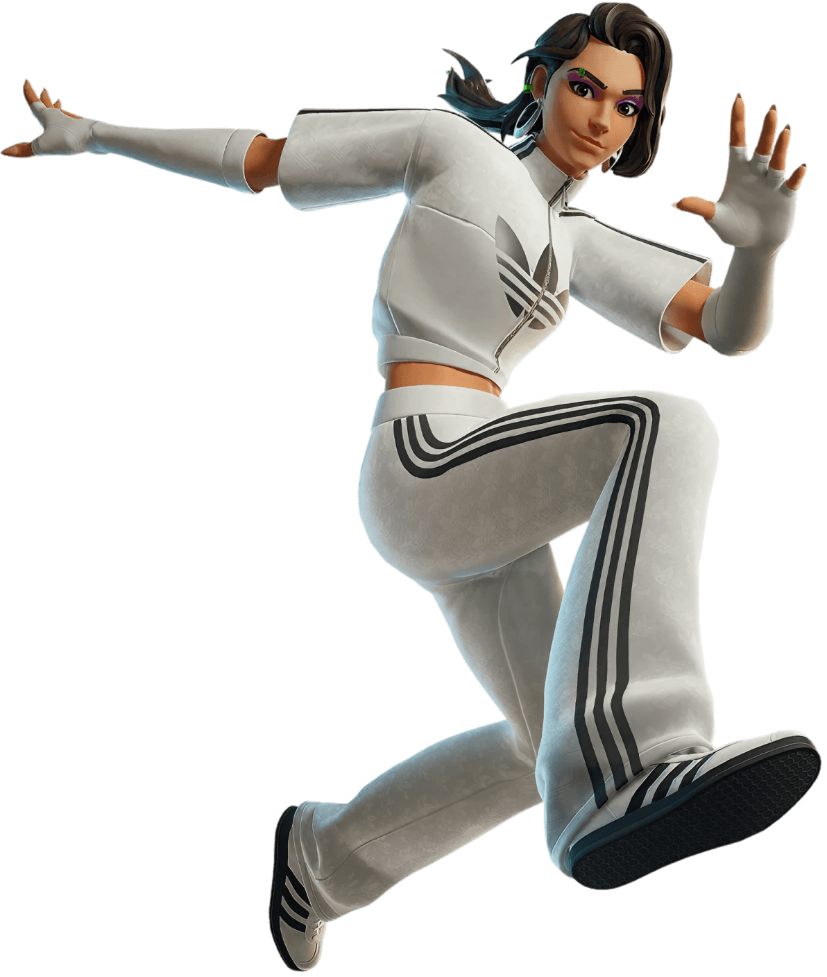 Fortnite woman in white Adidas tracksuit jumping
