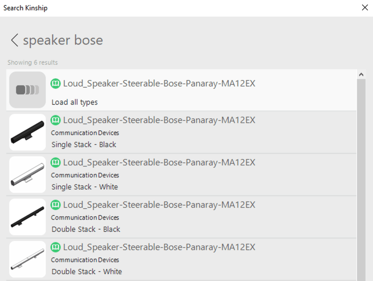 Types pane in the Revit search showing the “Load all types” option highlighted at the top.