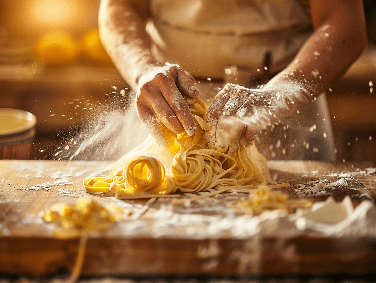 Chef rolling fresh handmade pasta dough on a wooden board under warm golden light, Italian authenticity in motion.