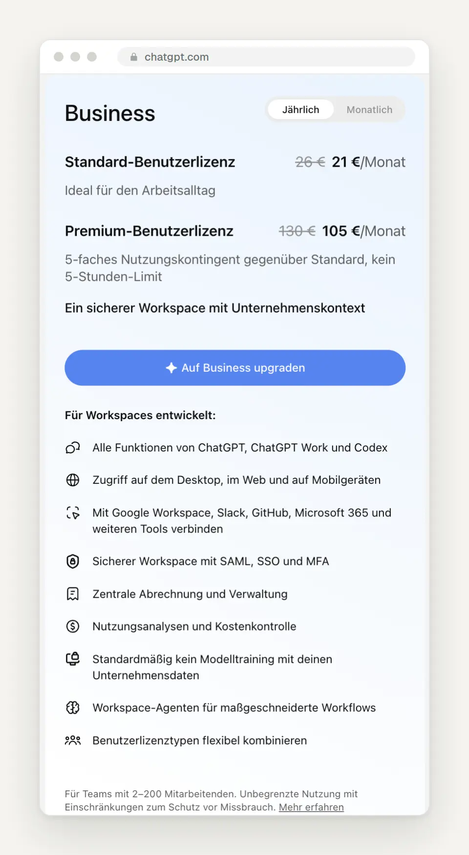 ChatGPT Business mit Standard- und Premium-Lizenz und Euro-Preisen