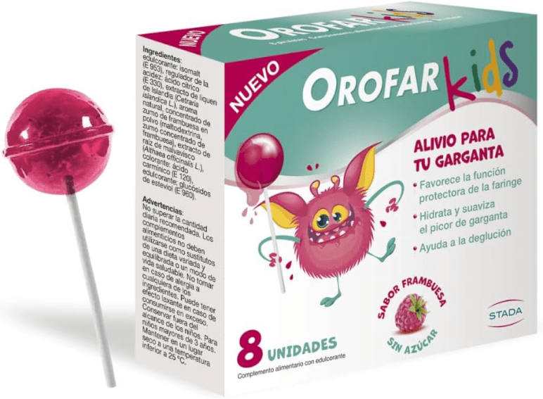 Piruleta OROFAR KIDS en envase individual y caja del producto
