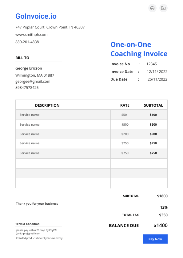 One-on-One Coaching Invoice