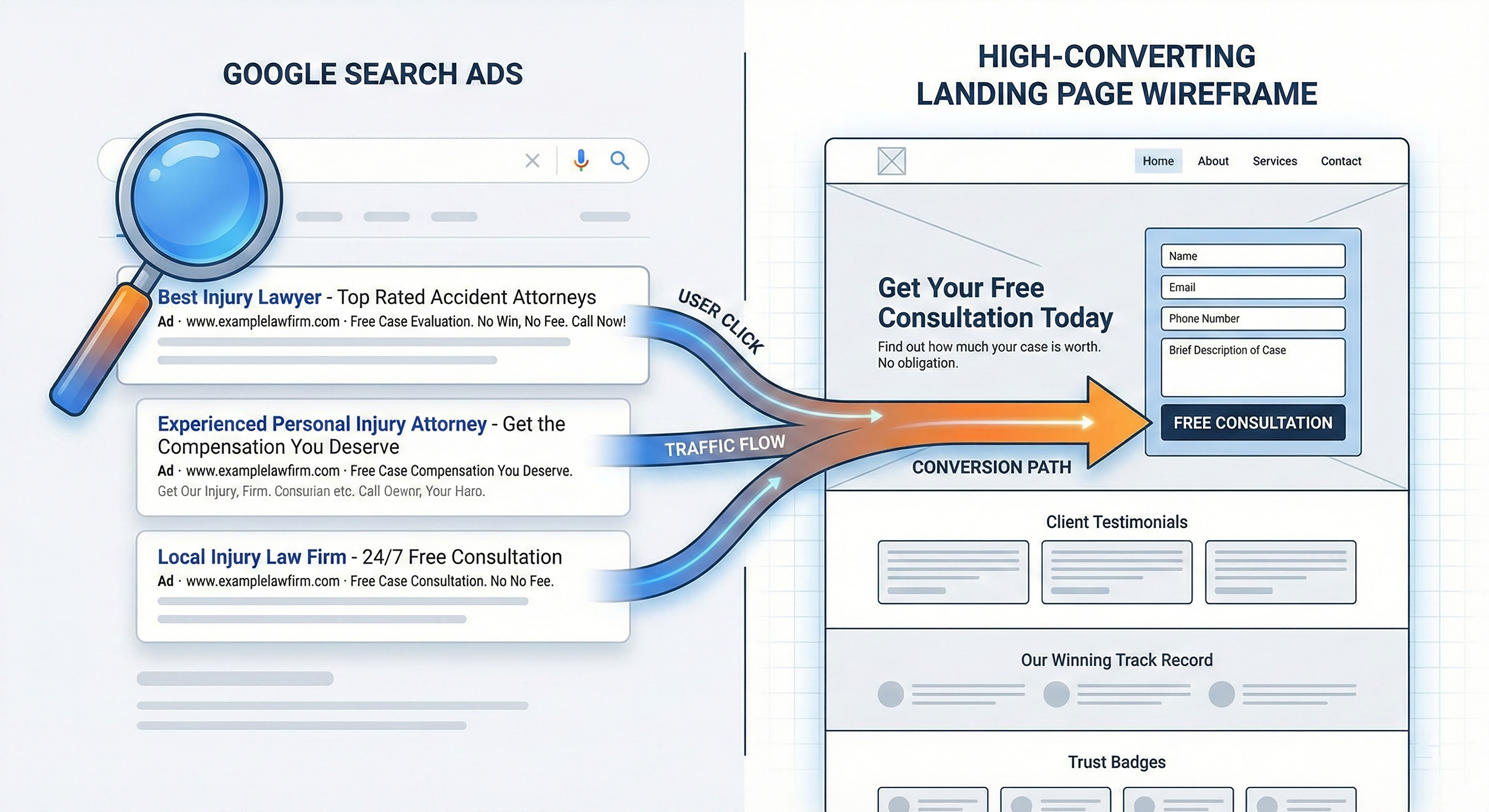 Illustration showing the connection between Google ads for lawyers and optimized landing pages.jpg