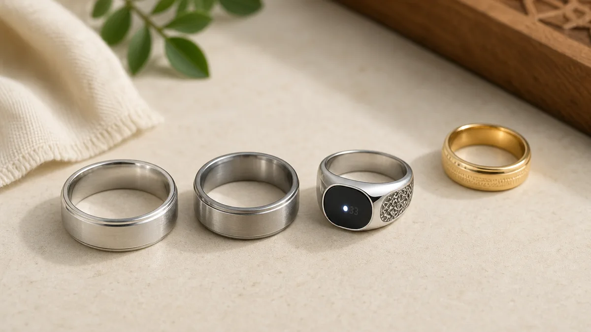Silver, steel, and gold rings showing which metals Muslim men can wear