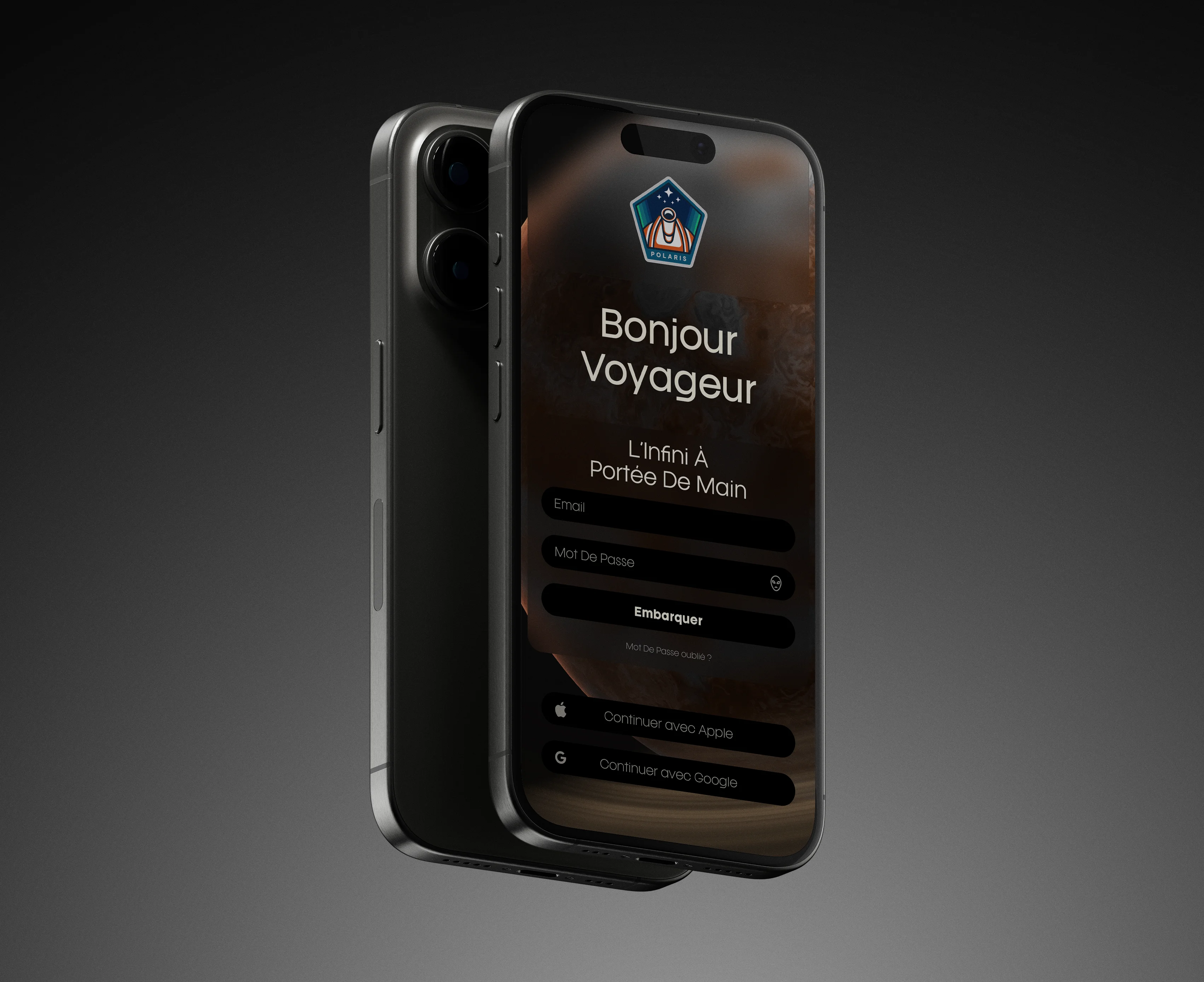 Mockup d'un Iphone présentant l'interface de l'application Polaris. L'écran de connexion est affiché.