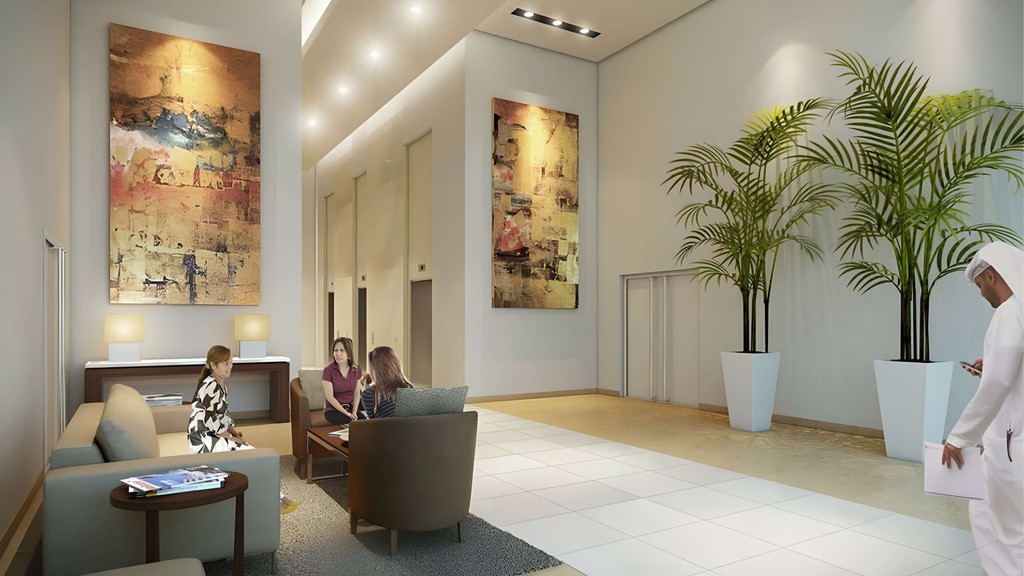 Lobby rendering of Dragon Towers hotel, featuring modern decor, elegant seating, and a welcoming atmosphere.