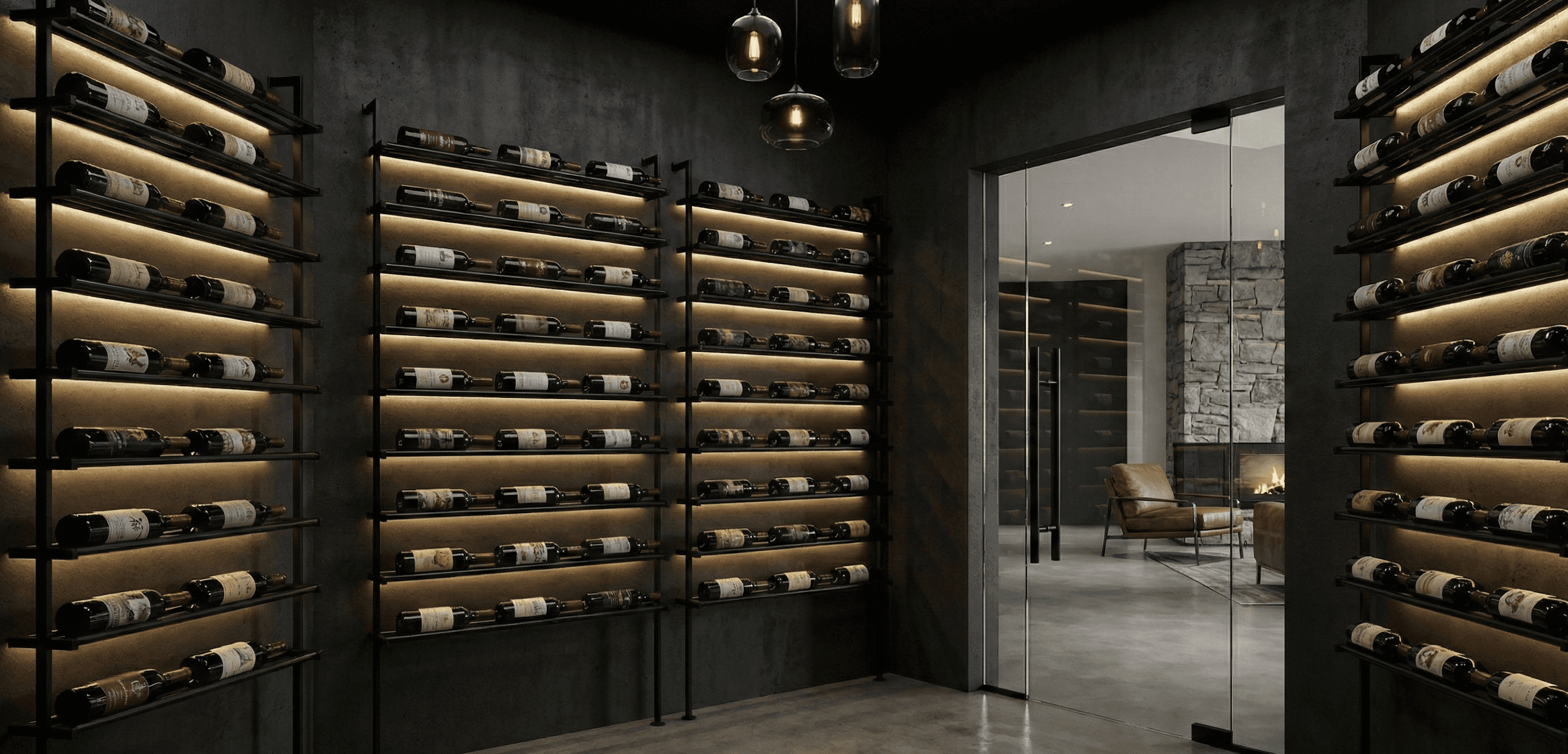 Large walk in wine cellar featuring black stone tile floor, with a tasting island, glass doors, and wooden angled wine racks