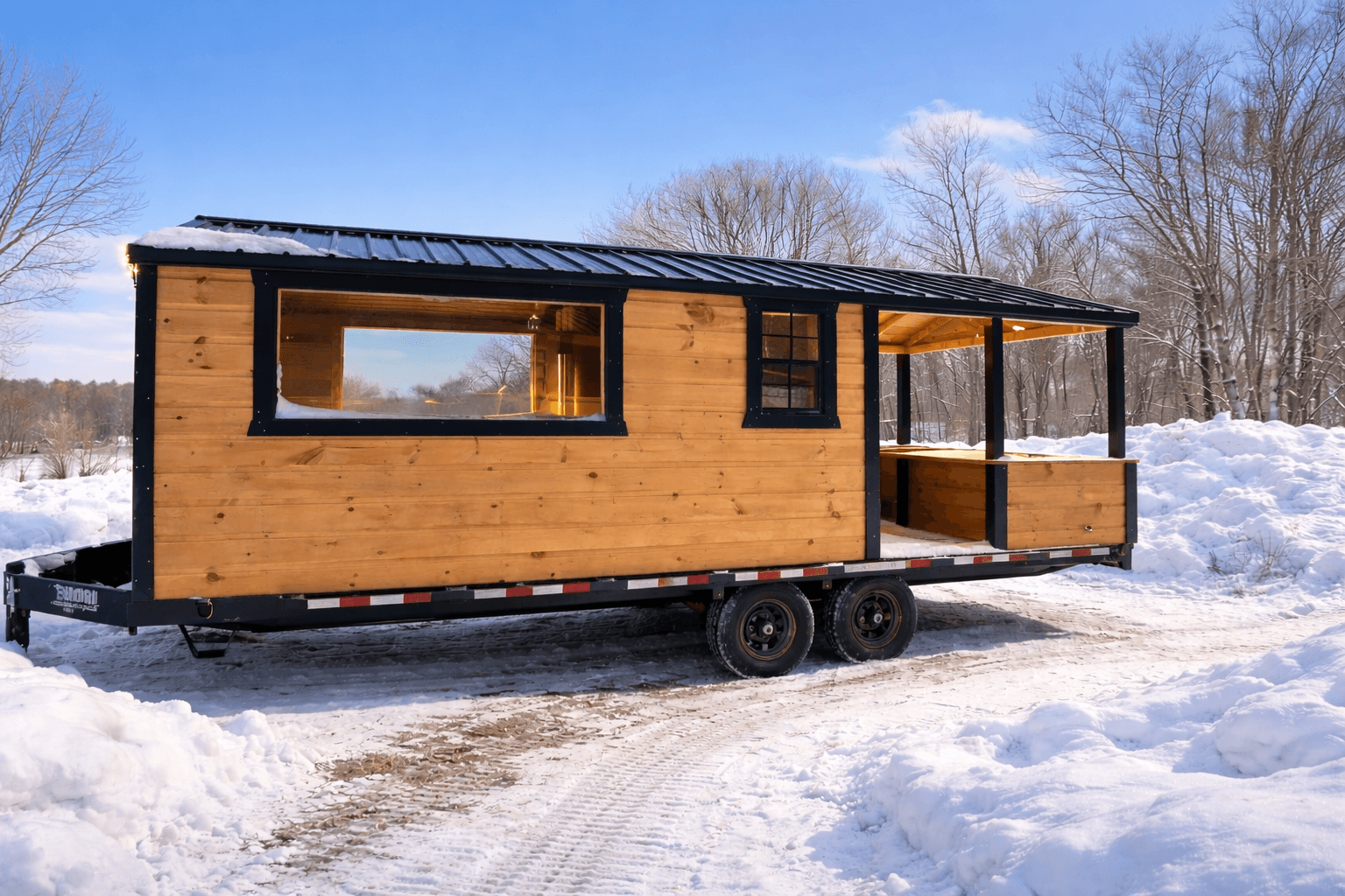 Wood-fired mobile sauna trailer with outdoor cold plunge tubs used for private wellness sessions in Newport County, Rhode Island.