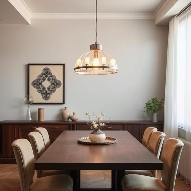 A dining room table surrounded by chairs, illuminated by a stylish pendant light overhead.