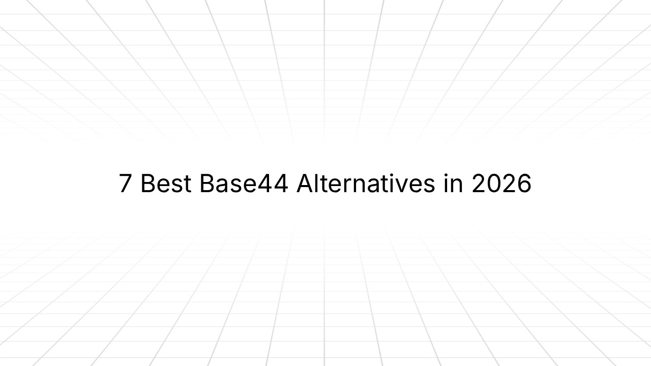  Minimalist graphic with a light gray grid background and centered text reading ‘7 Best Base44 Alternatives in 2026.