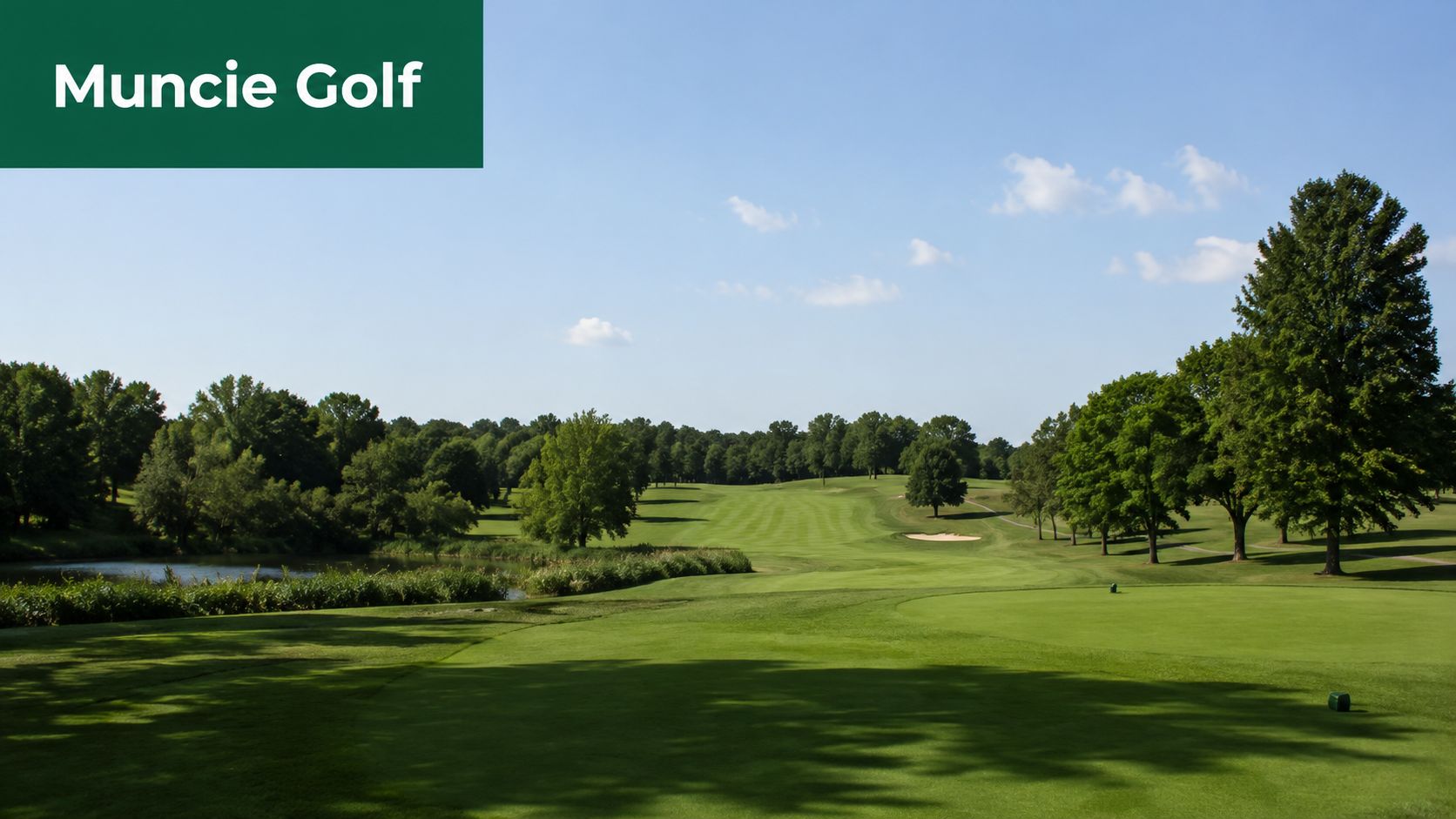 A scenic view of a lush green golf course featuring a pond and trees in Muncie, Indiana.