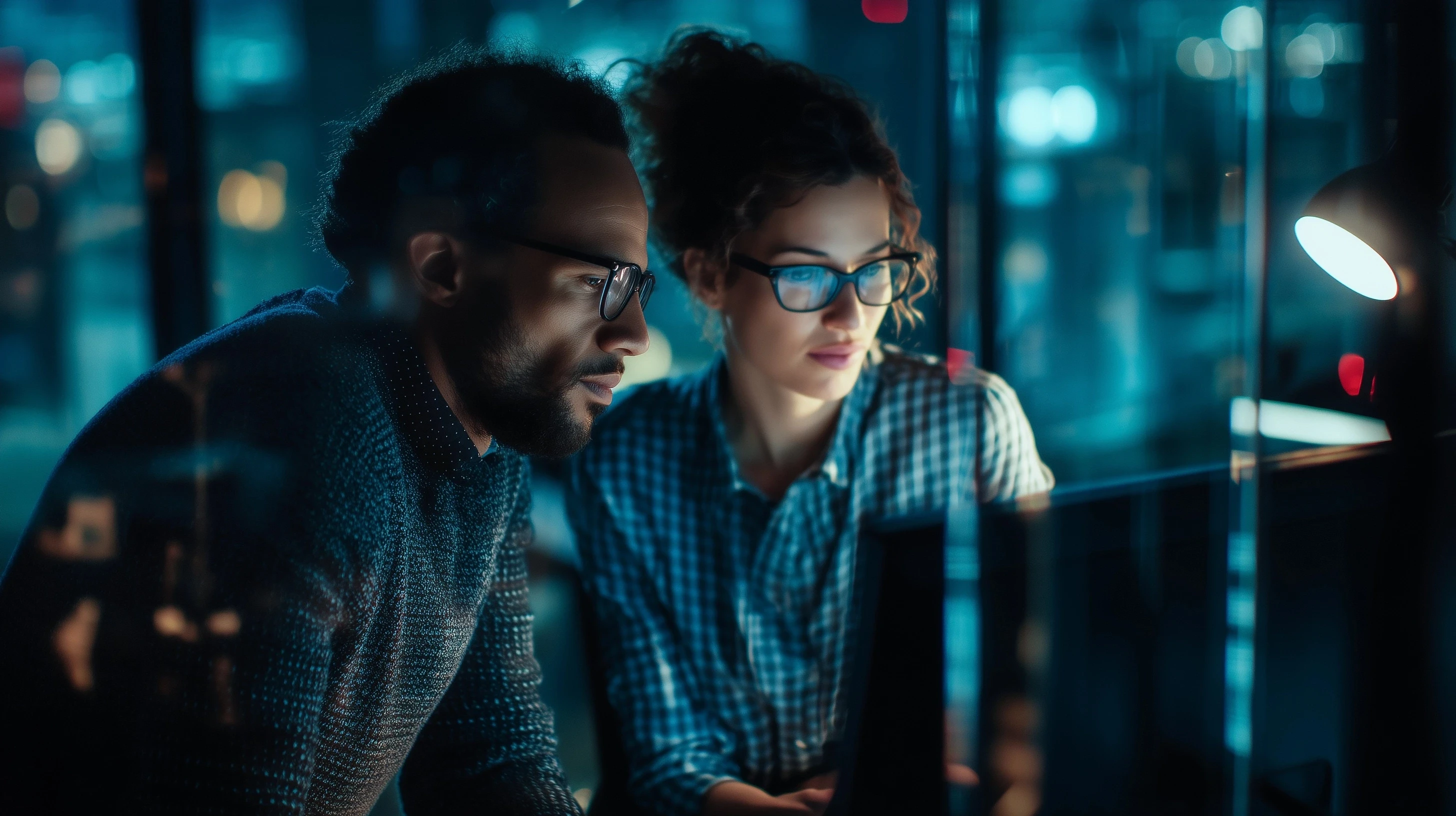 two web developers working on a computer in the dark