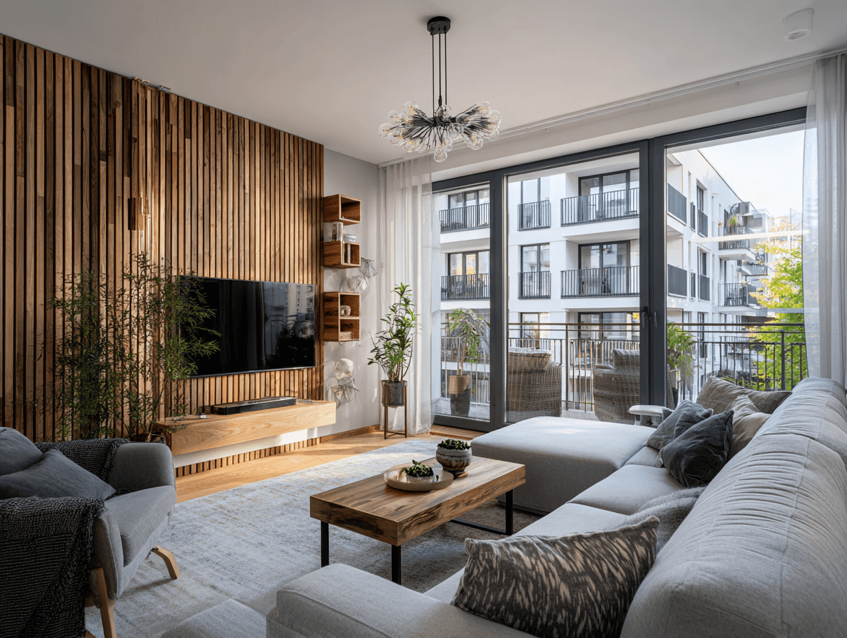 Modernly furnished living room with a wood accent wall and balcony view, illustrating a post about the profitability of rental properties.