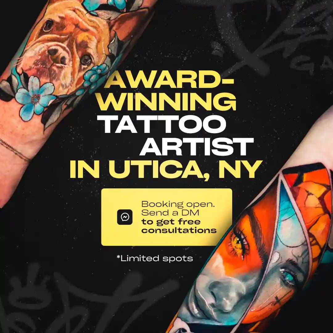 Ad creative with tattoos of award winning tattoo artist on it