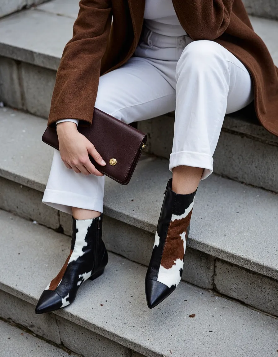 Woman in white pants and brown coat sitting on steps wearing black and white cow print ankle boots holding burgundy clutch