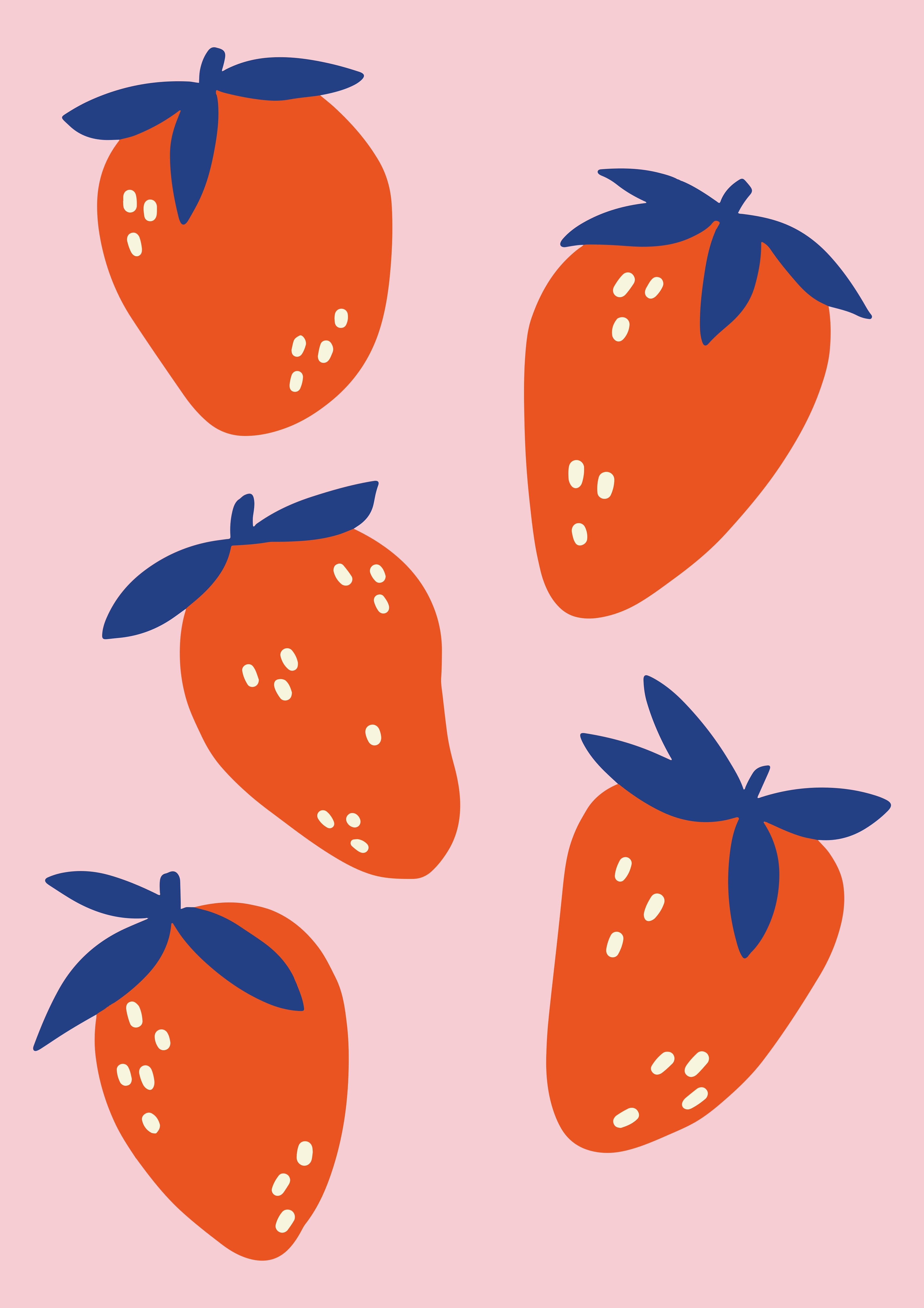 Minimalist strawberry pattern with blue leaves and cream-colored seeds.