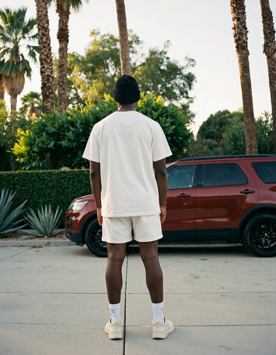 Man in white t-shirt and shorts standing by red SUV with palm trees in background, street style photography