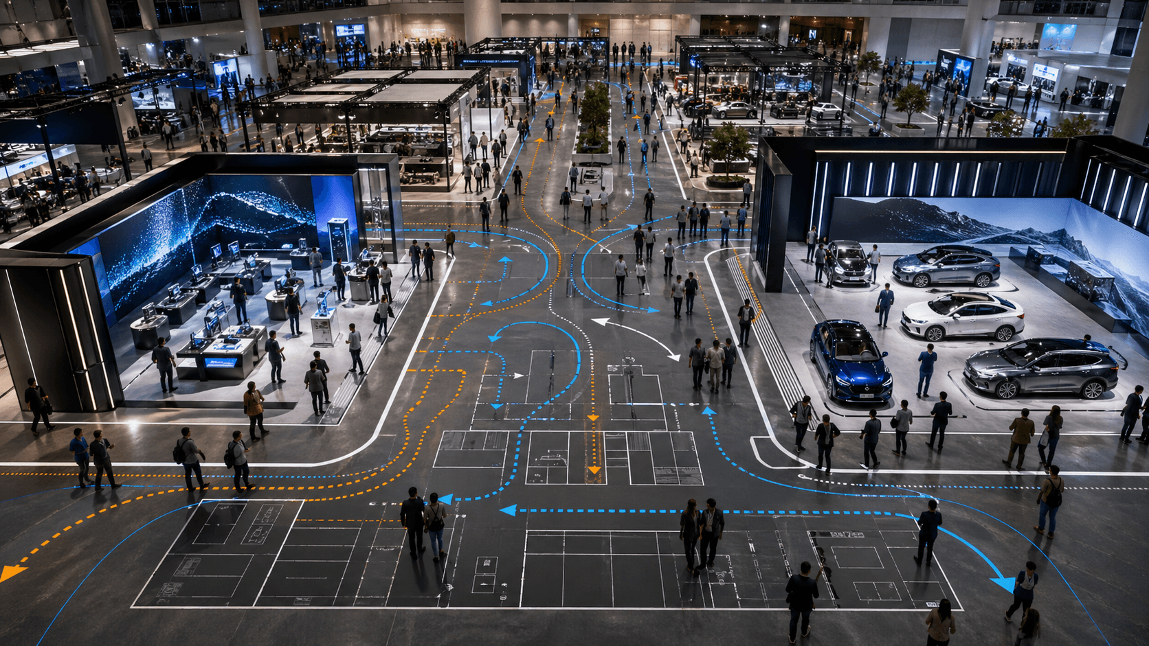 Las Vegas Convention Center hall planning graphic showing booth traffic paths, aisle movement, and visitor flow around large trade show booth layouts
