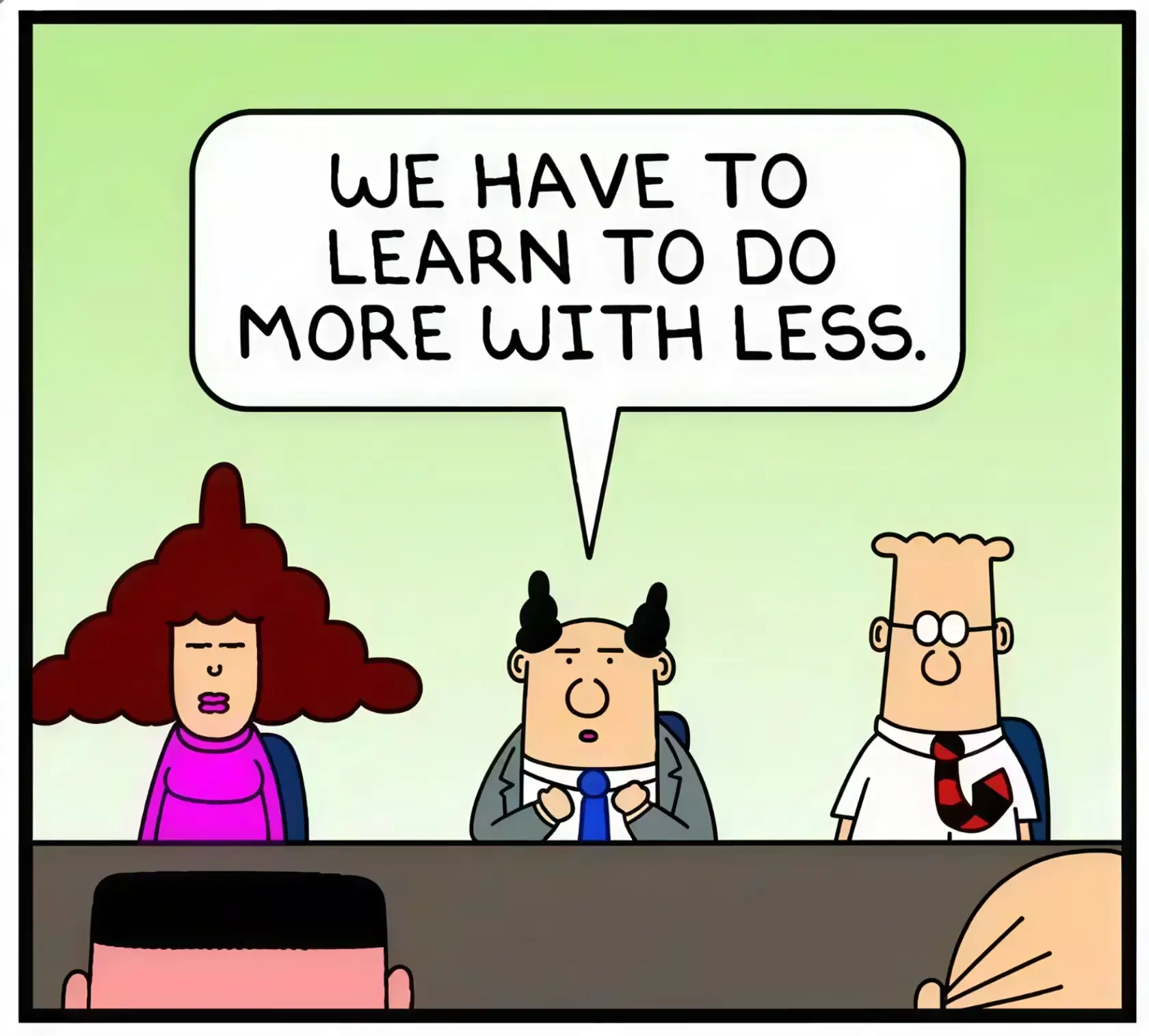 Cartoon strip illustrating the confusion of being asked to do more work with fewer resources and less budget.