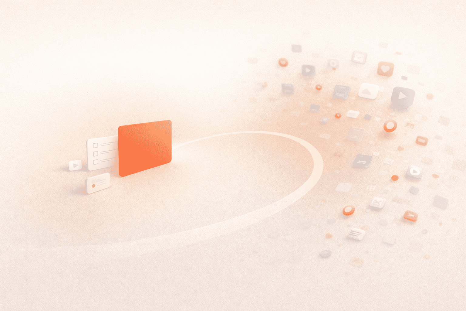 Minimalistische 3D-Illustration mit einer schwebenden korallfarbenen Fokuskarte im Zentrum, umgeben von wenigen geordneten Aufgaben-Elementen, während am Rand halbtransparente Benachrichtigungs-, Social-Media- und Reizsymbole in den warmen cremebeigen Hintergrund übergehen und den Wettbewerb zwischen fokussierter Arbeit und digitalen Ablenkungen darstellen.