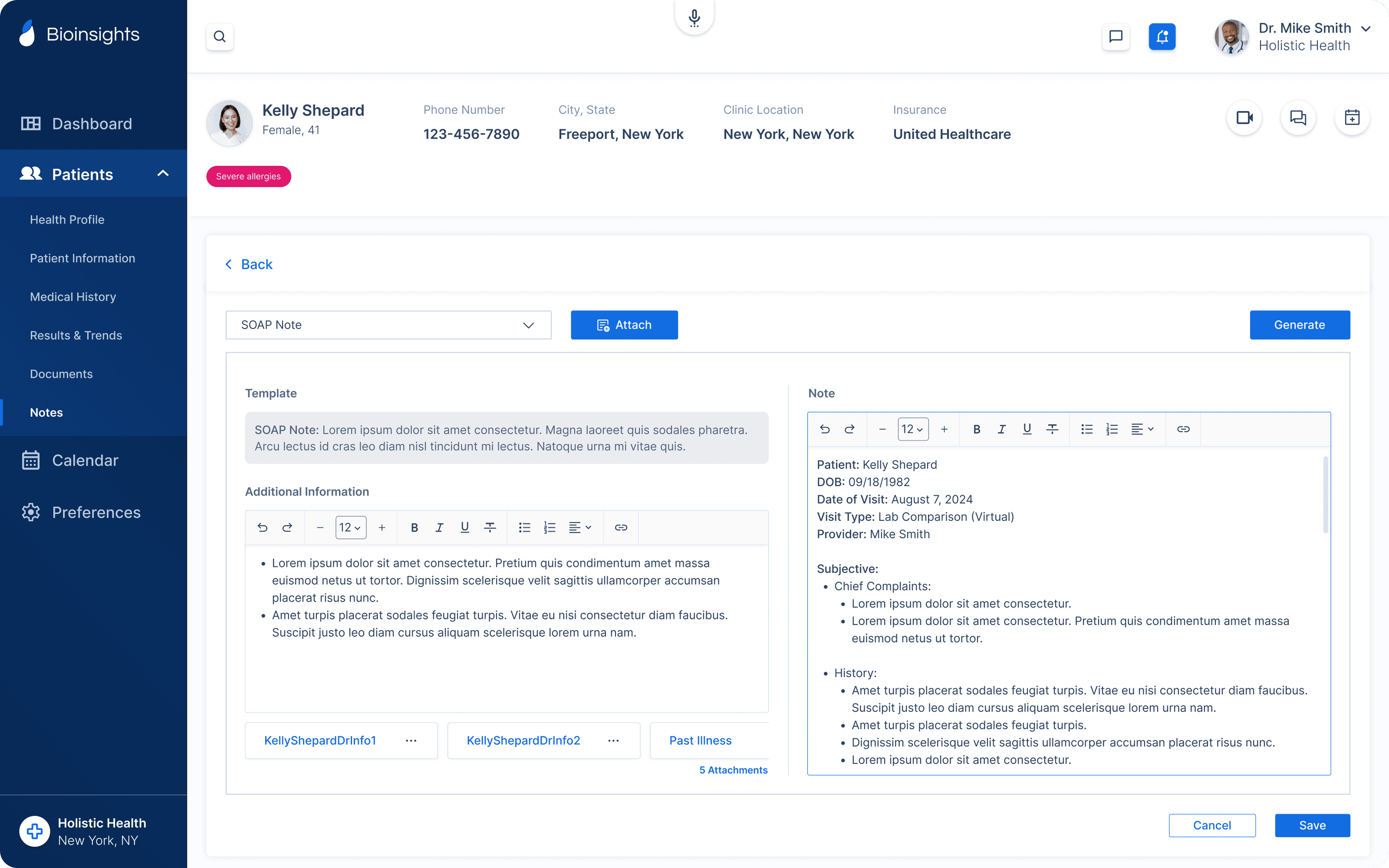 AI note generation feature in a modern medical web platform