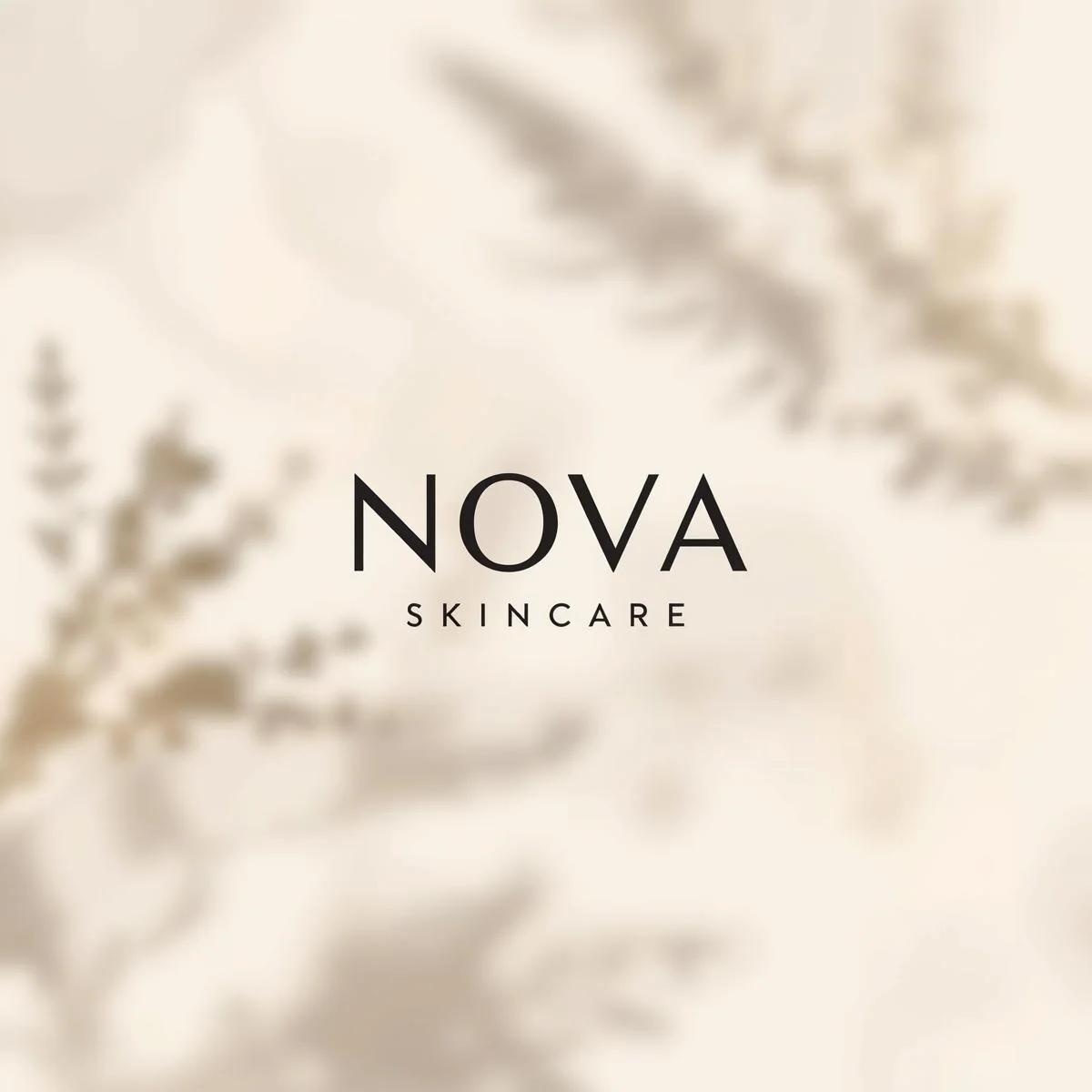 Nova Skincare logo on soft beige background with leaf shadows