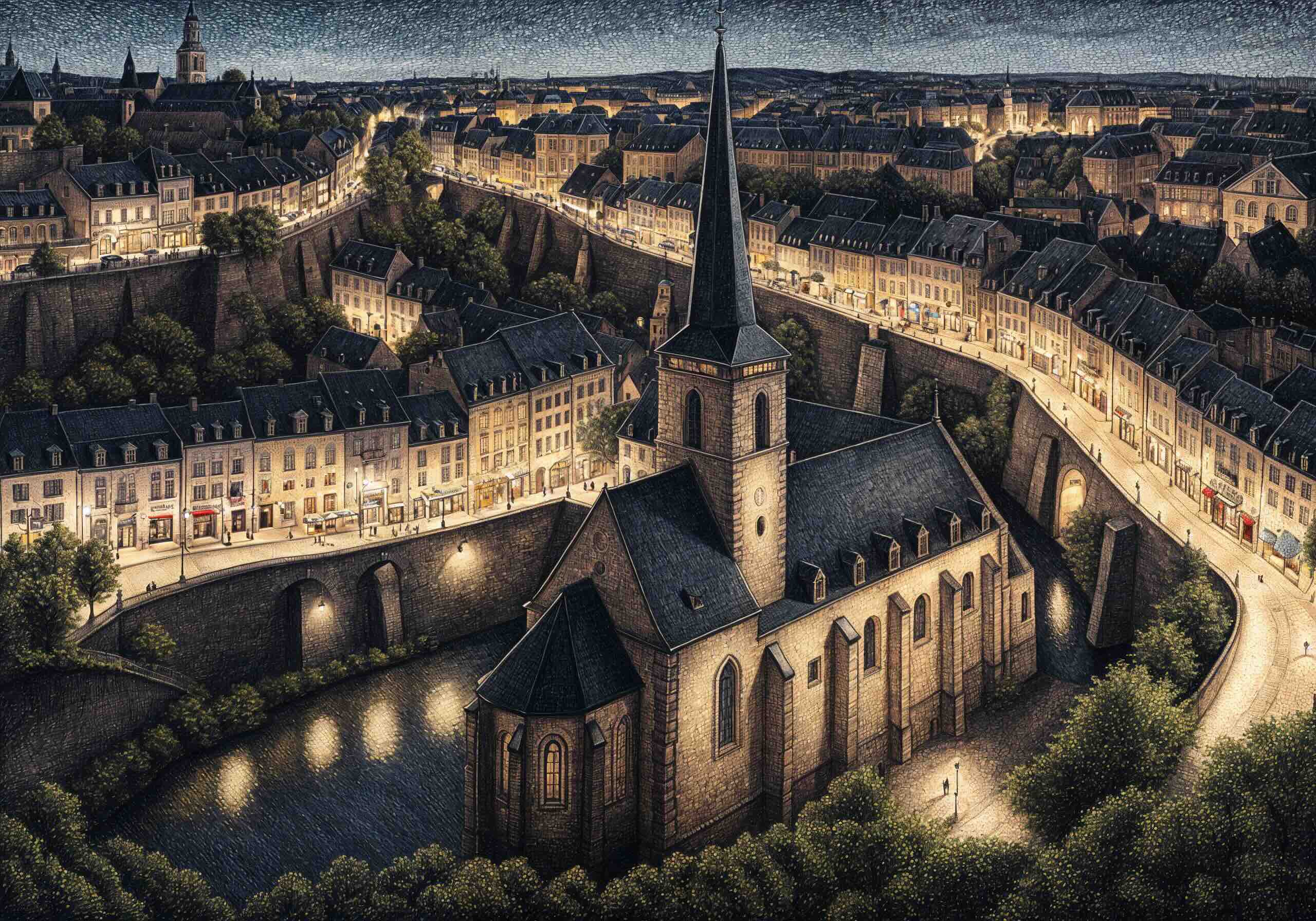 Detailed illustration of Luxembourg City at night, featuring illuminated historic buildings, a church with a tall spire, winding streets, and bridges over a river reflecting the warm city lights.