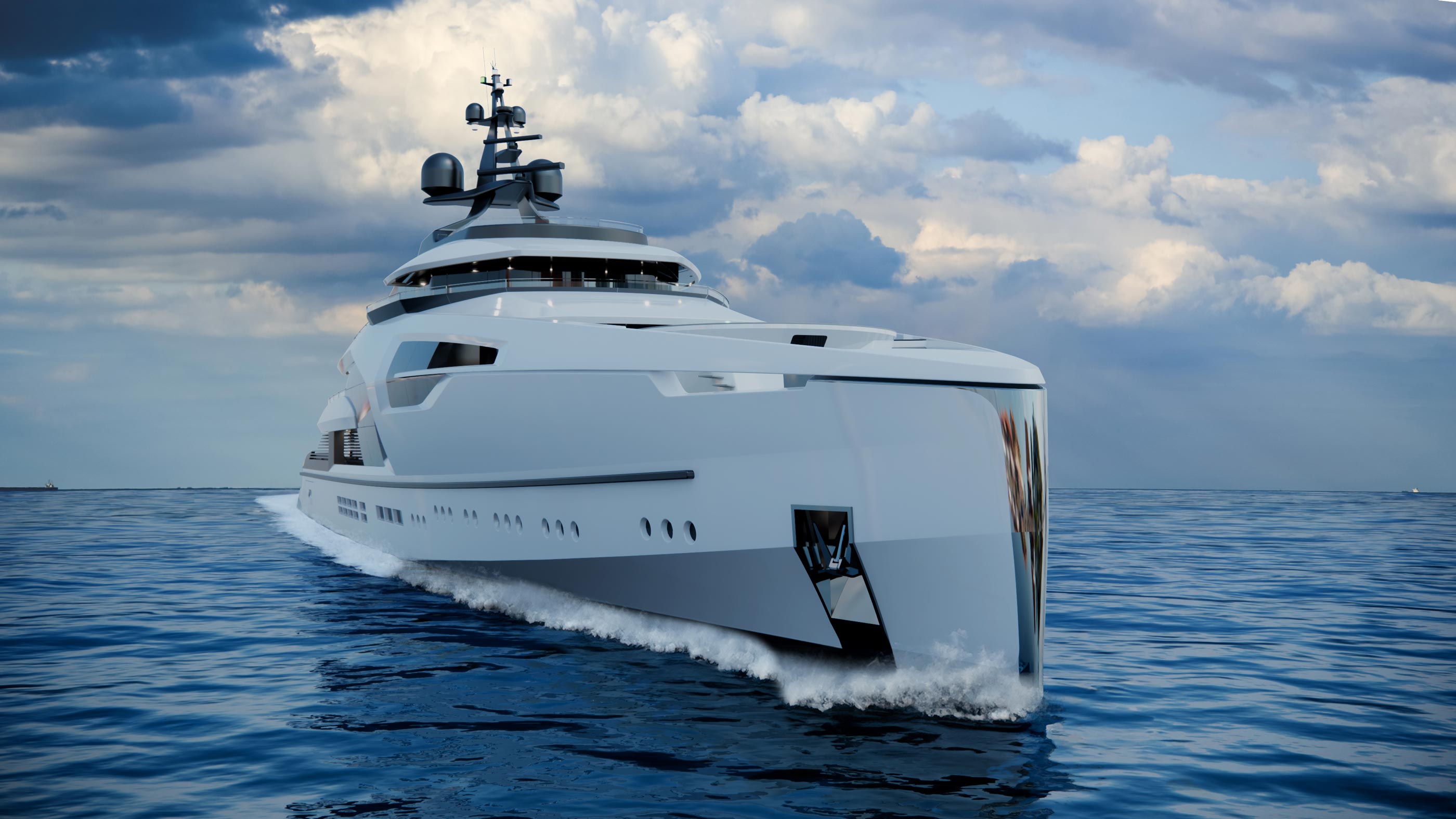 Design render of a yacht design project seen from the front in the sea