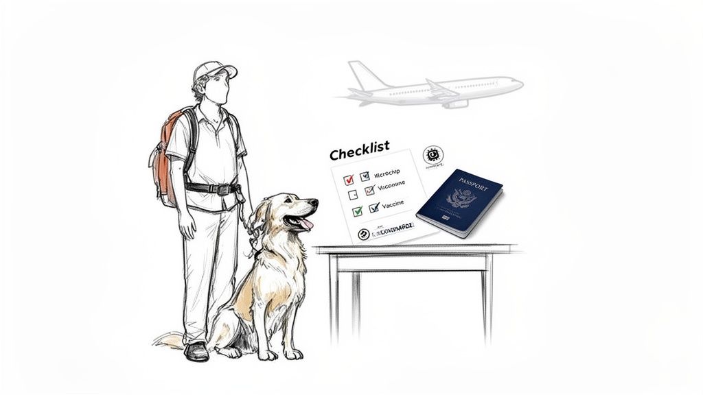 Illustration of a person and a golden retriever preparing for air travel with a checklist and passport.