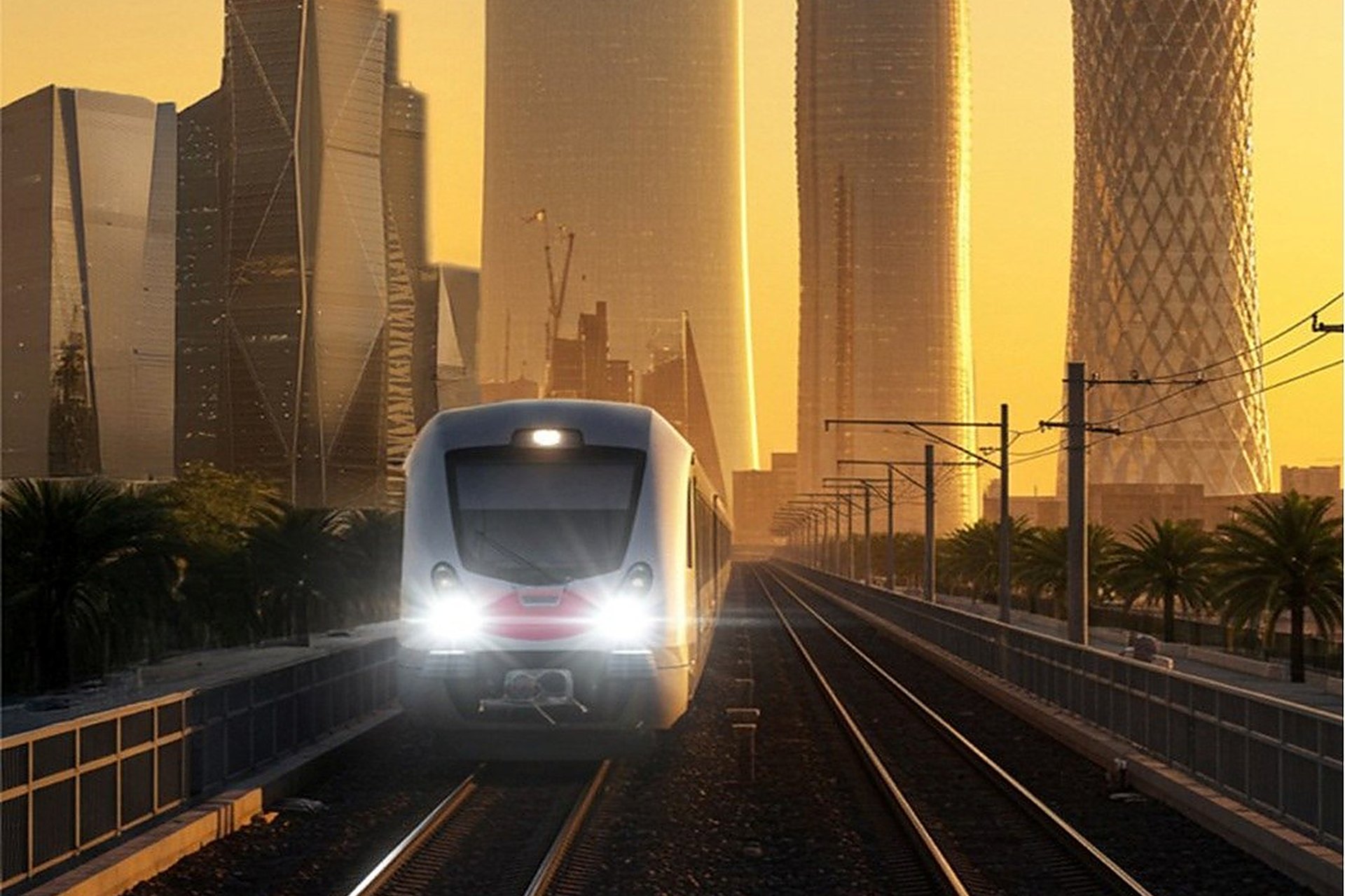 Le train électrique à grande vitesse entre Doha et Riyad, en image de synthèse, lancé sur ses rails devant les tours de Doha dans la lumière du soir