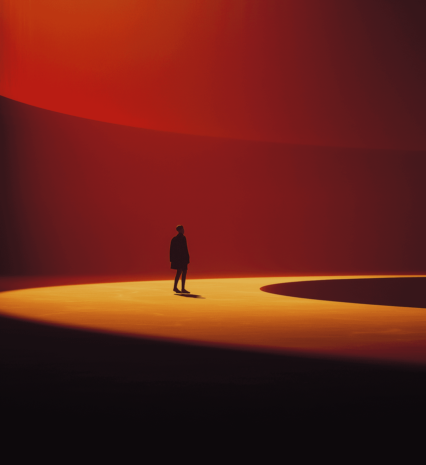 Person standing alone on a curved illuminated platform with warm orange light and dark minimal background.