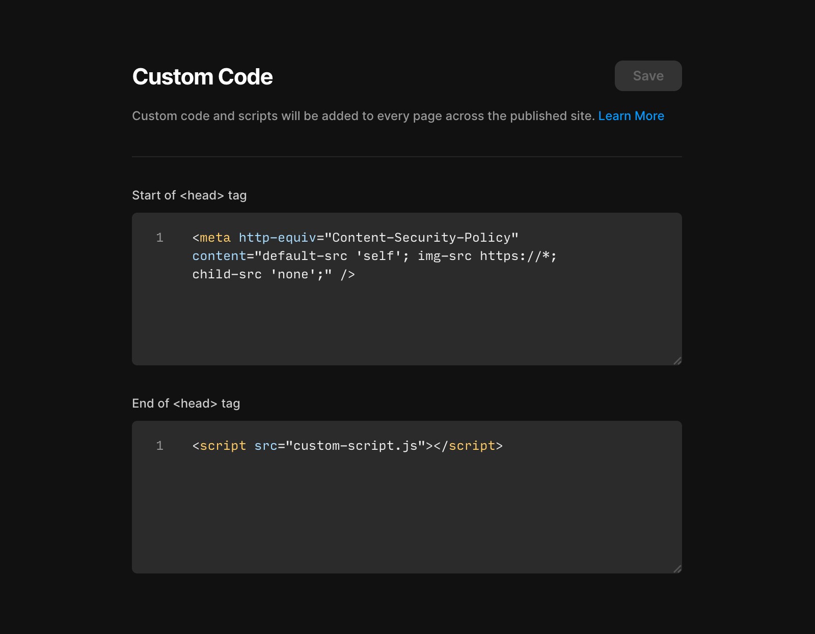 Custom Code section the Page Settings.