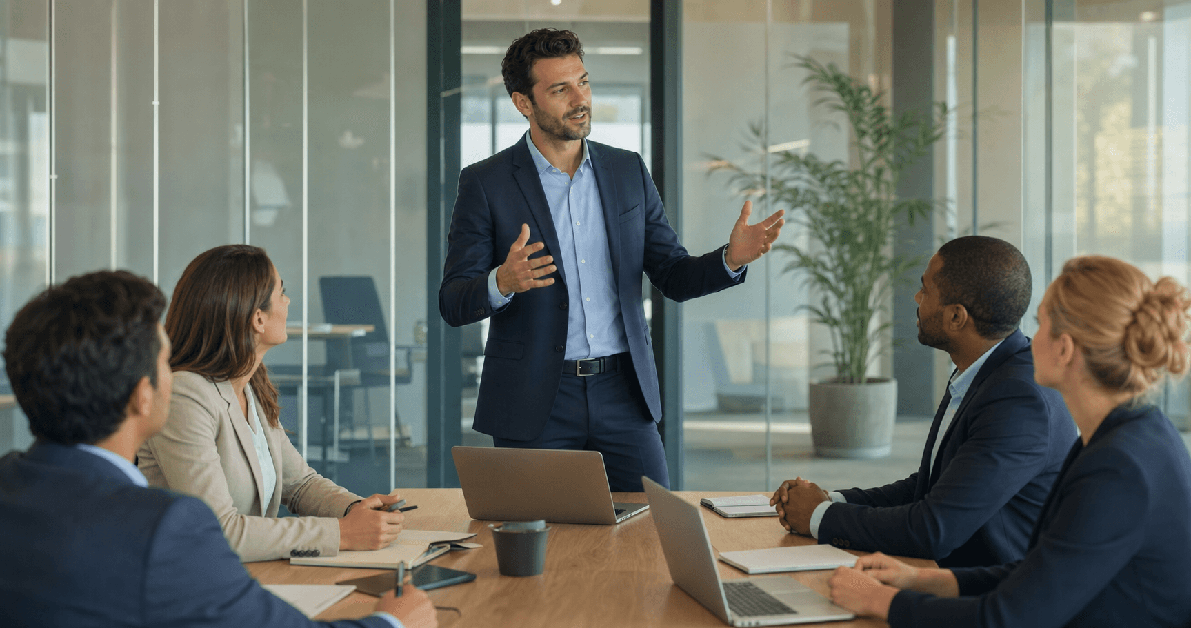 Professional business person presenting to a small group in a modern French office meeting room, confident speaker gesturing while colleagues listen attentively, clean corporate setting with glass walls, natural daylight, diverse professional audience taking notes, focus on engaged communication and workplace presentation scenario, photorealistic style