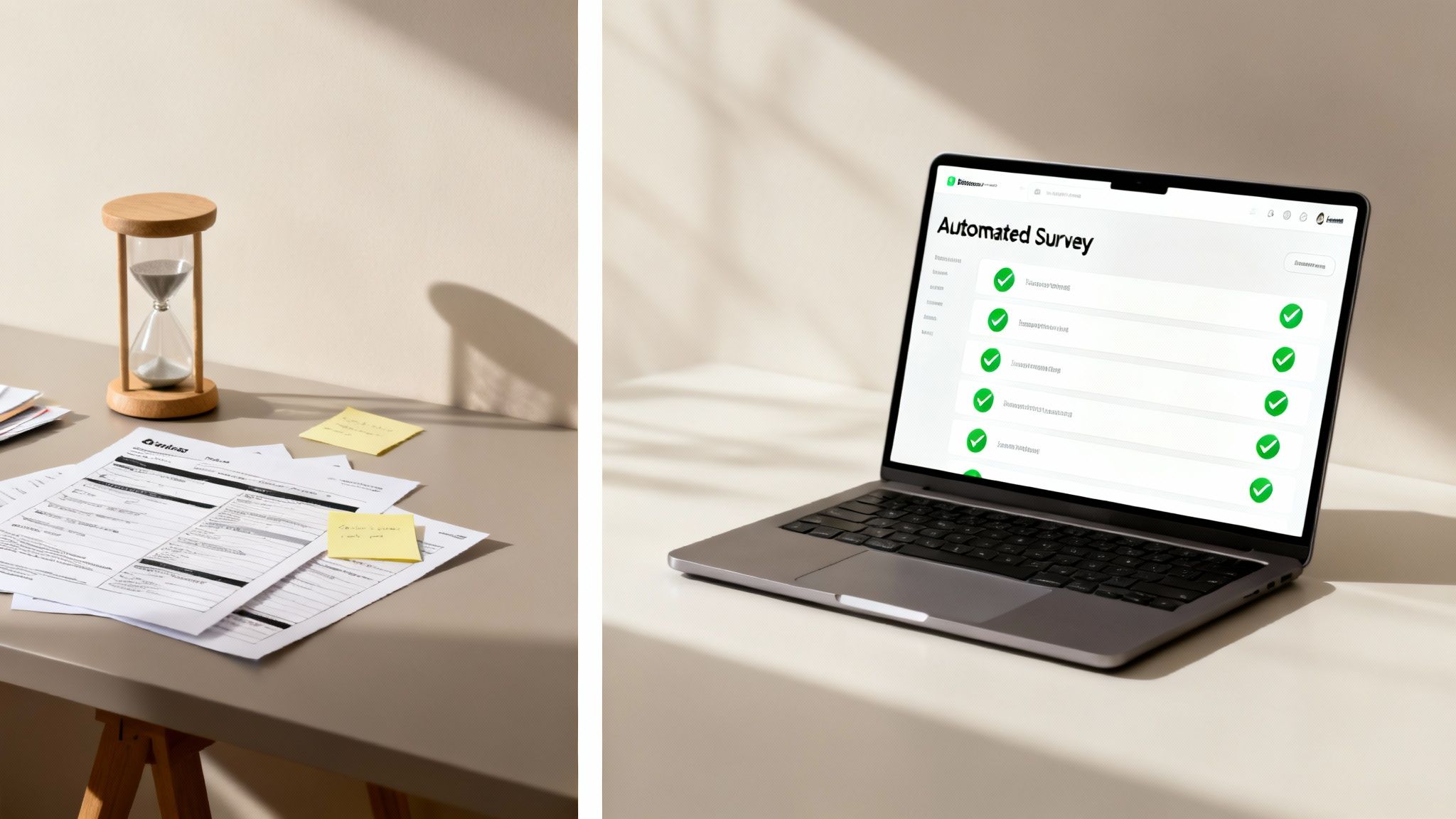An hourglass and paper forms on a desk contrasted with a laptop showing a completed automated survey.