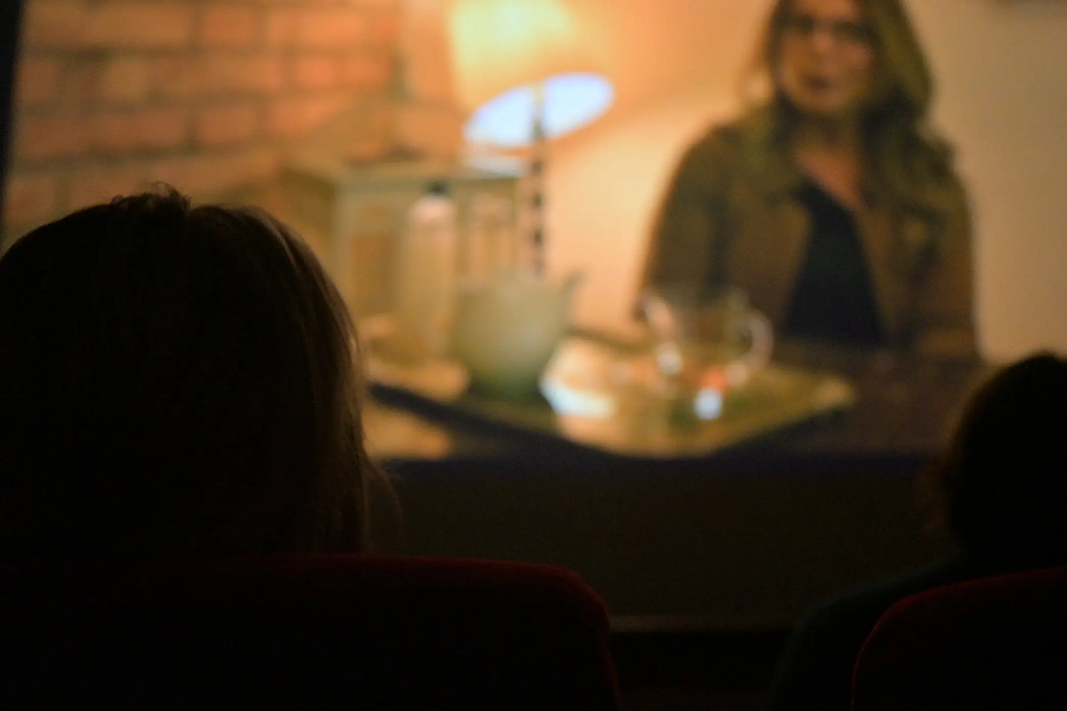 Donna seduta su una poltrona del teatro Verdi di Forlimpopoli durante la proiezione del docufilm Donne in Bilico