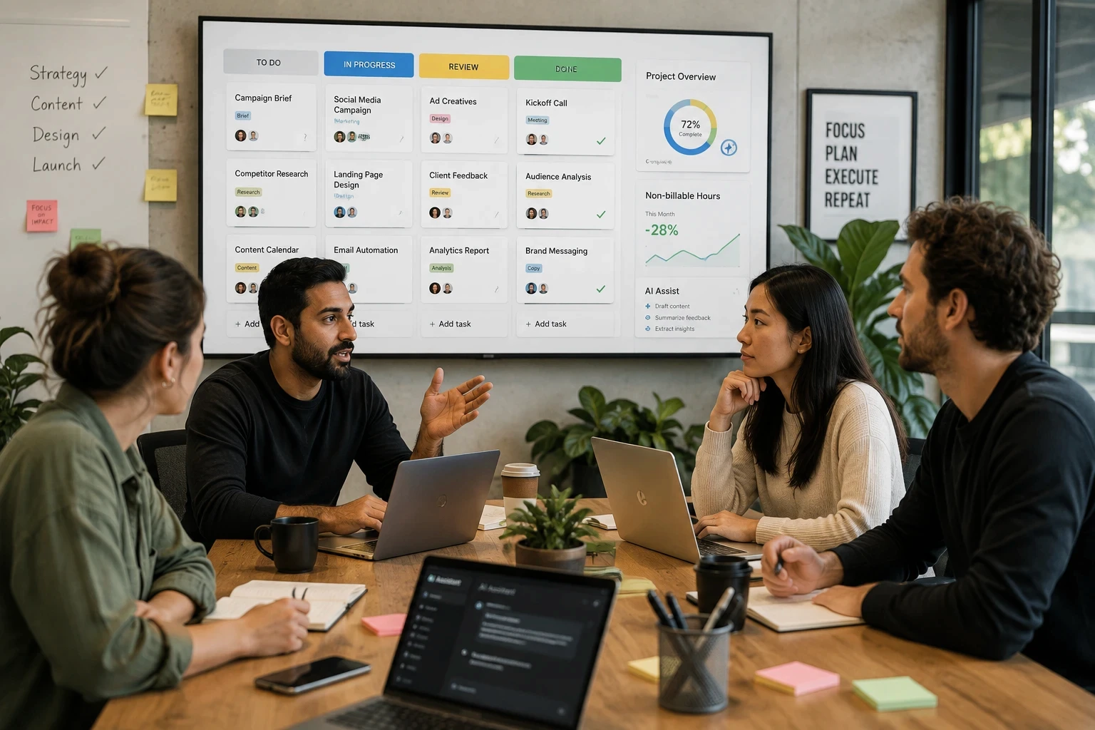 Marketing agency team using AI tools to reduce project admin and non-billable hours 2026