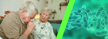 Elderly couple with bacteria graphic overlay, indicating illness.