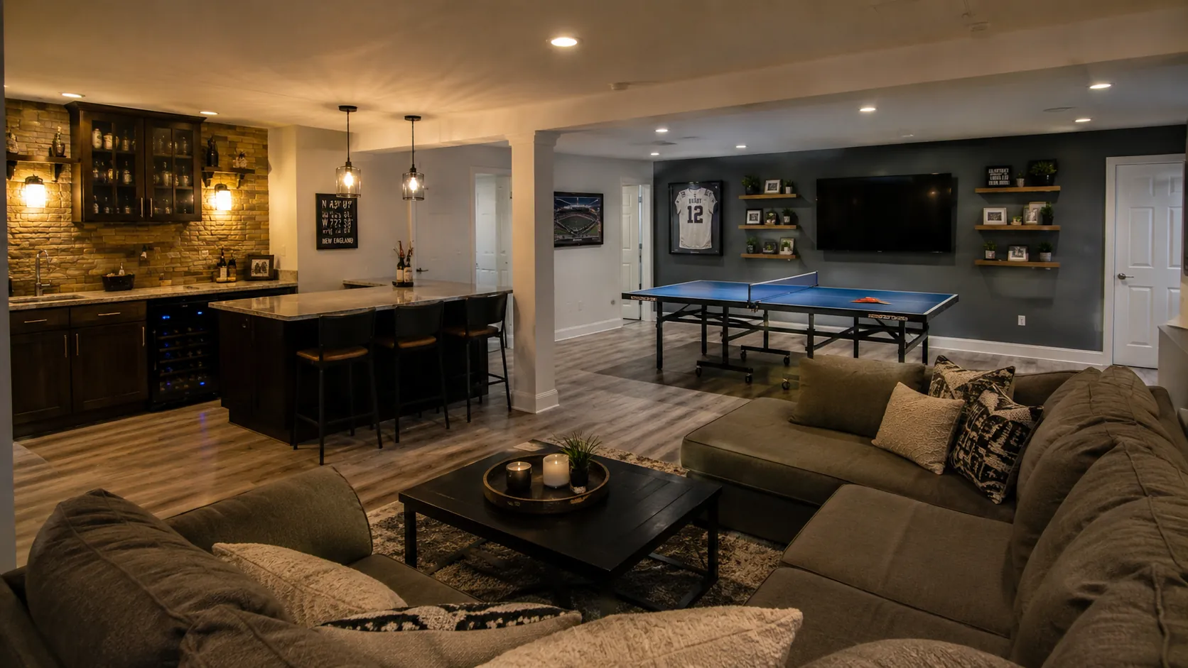 High-end entertainment basement with bar area, pool table, tiered seating zones, and sports memorabilia displays with professional accent lighting.