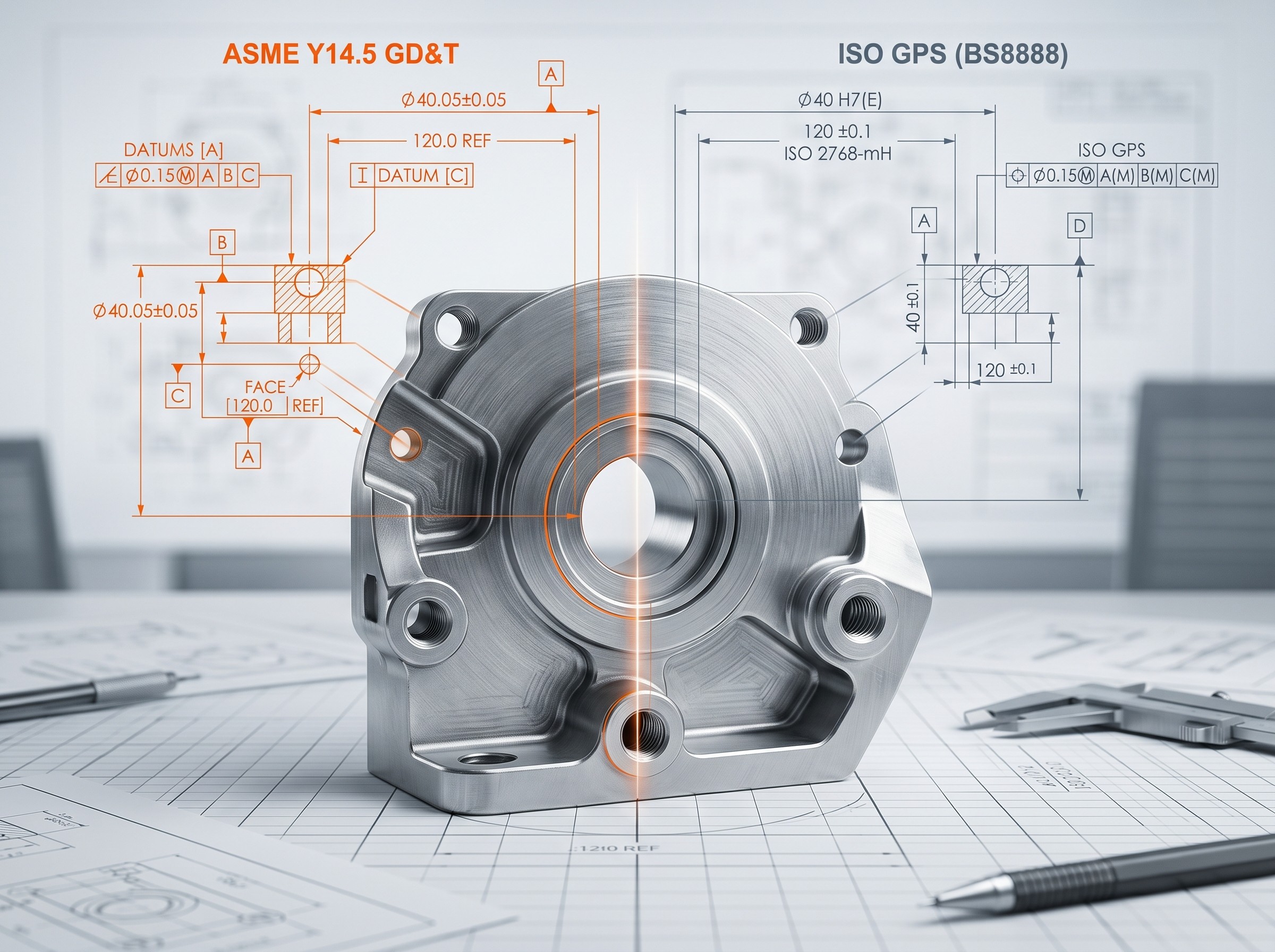 Comparison of ASME Y14.5 and BS8888 GD&T standards showing how the same mechanical part is interpreted differently with varying dimensions, tolerances, and symbol definitions.