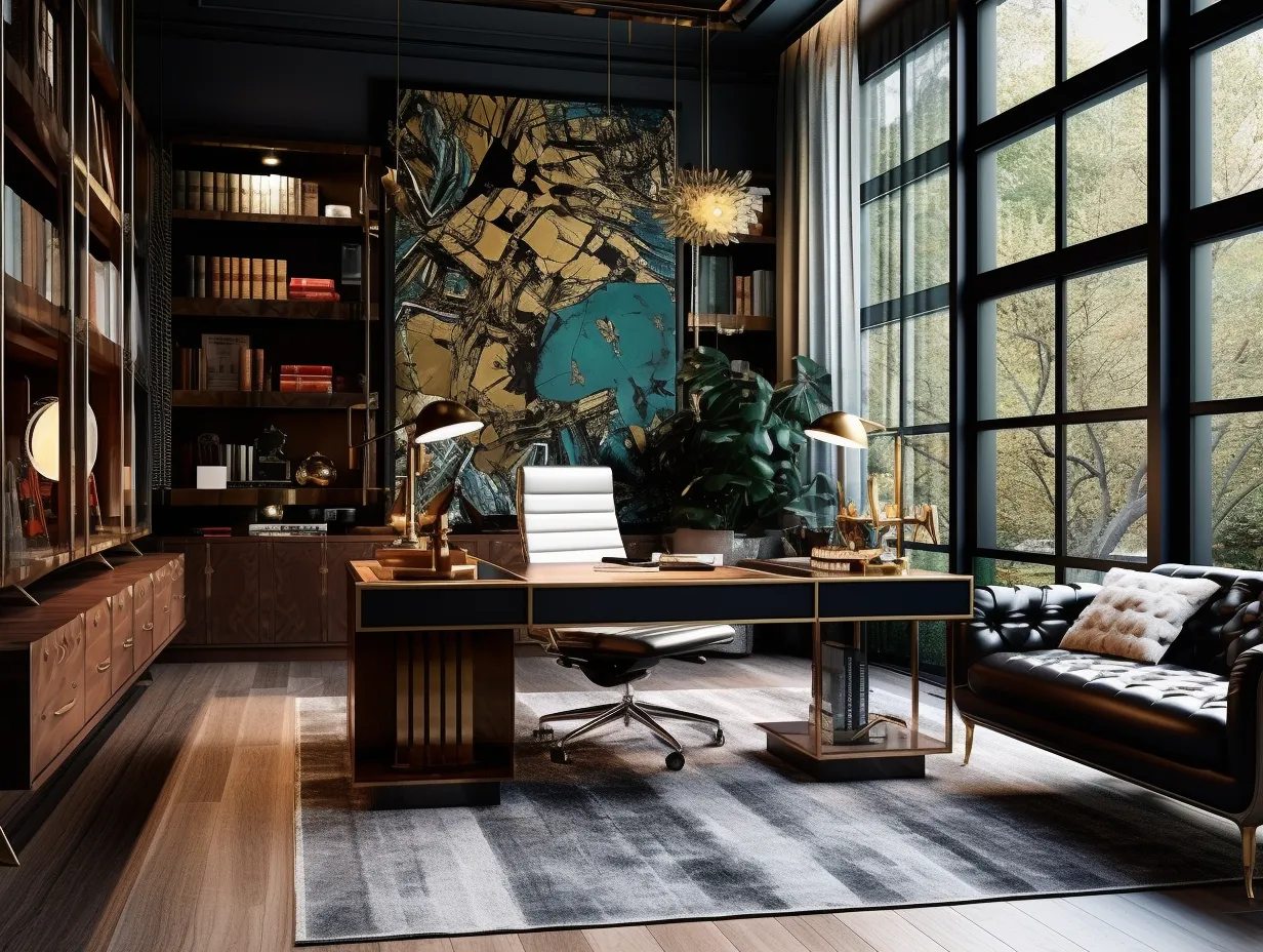 A luxurious Art Deco style home office space with rich colors and hardwood floor.