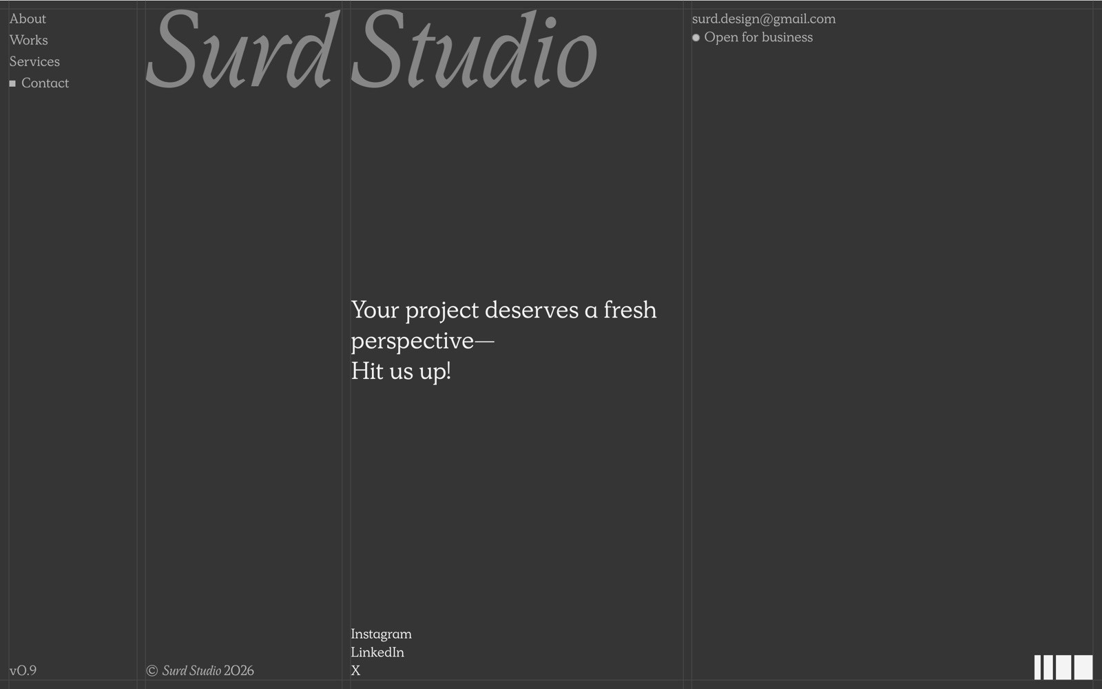 Dark webpage with "Surd Studio" logo, contact info, and footer text: "Your project deserves a fresh perspective—Hit us up!" Links to...