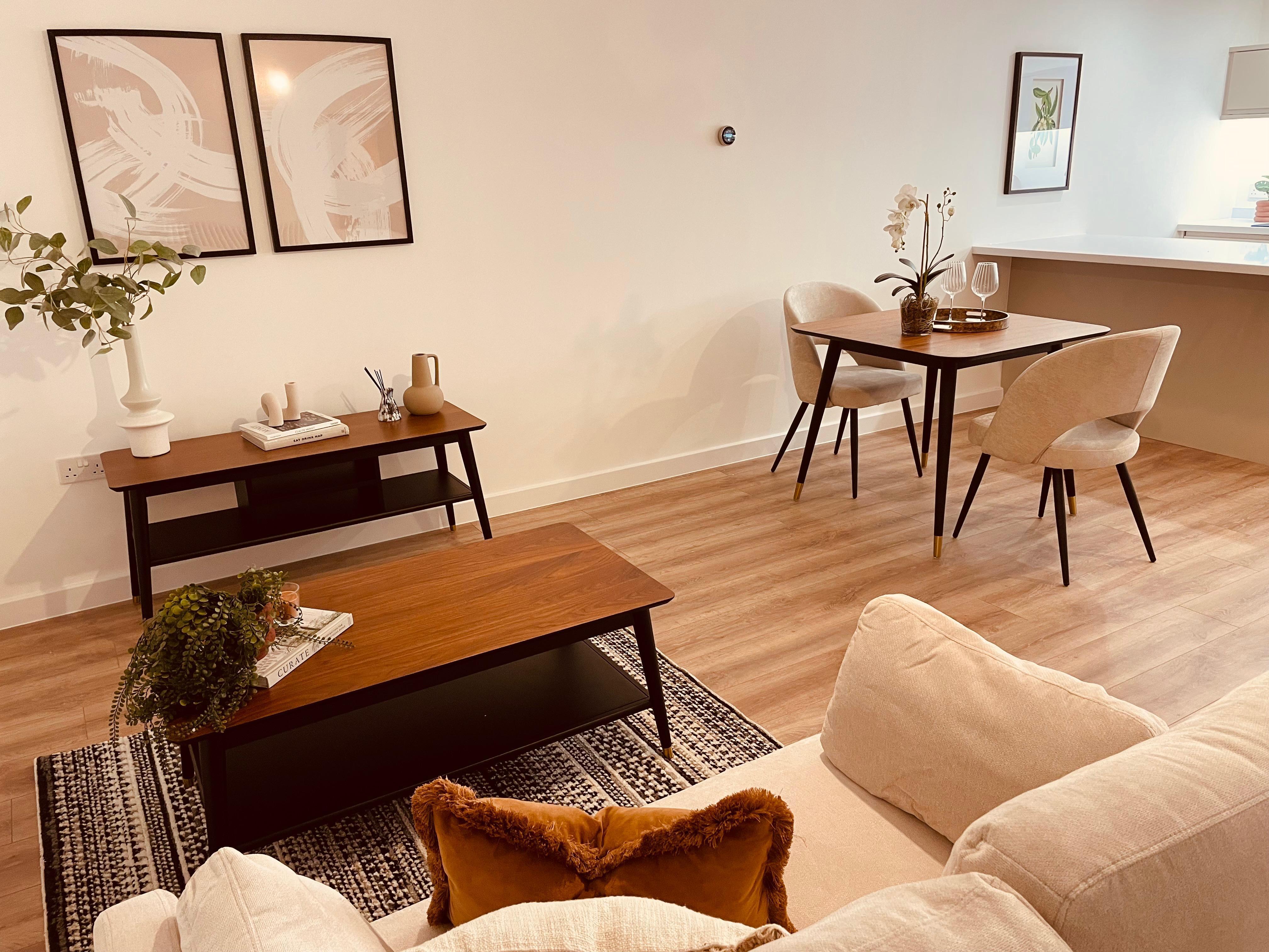 Open plan living space in show flat in Leeds residential design