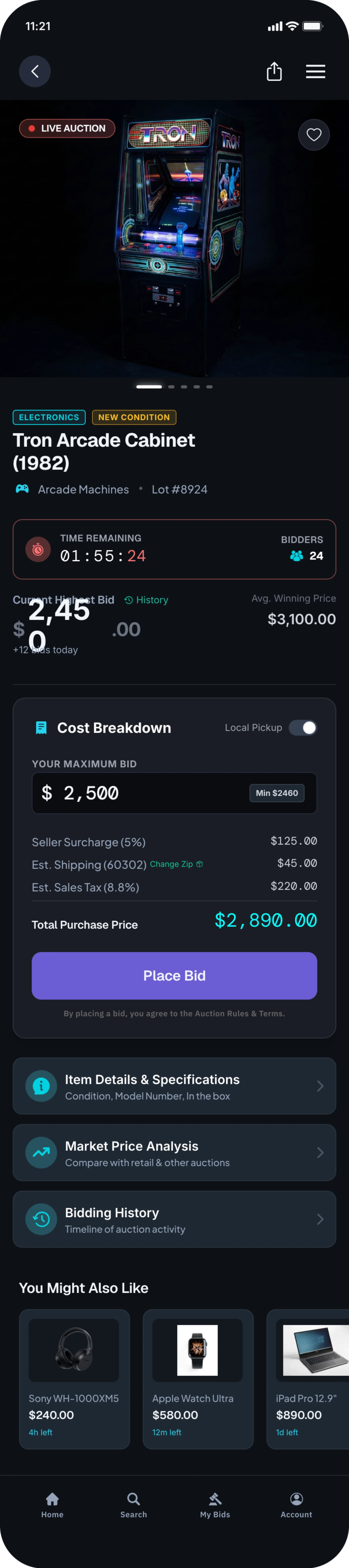 Mobile auction listing for a Tron arcade cabinet, showing a product photo, live-auction status, item details, time remaining, and bidder count