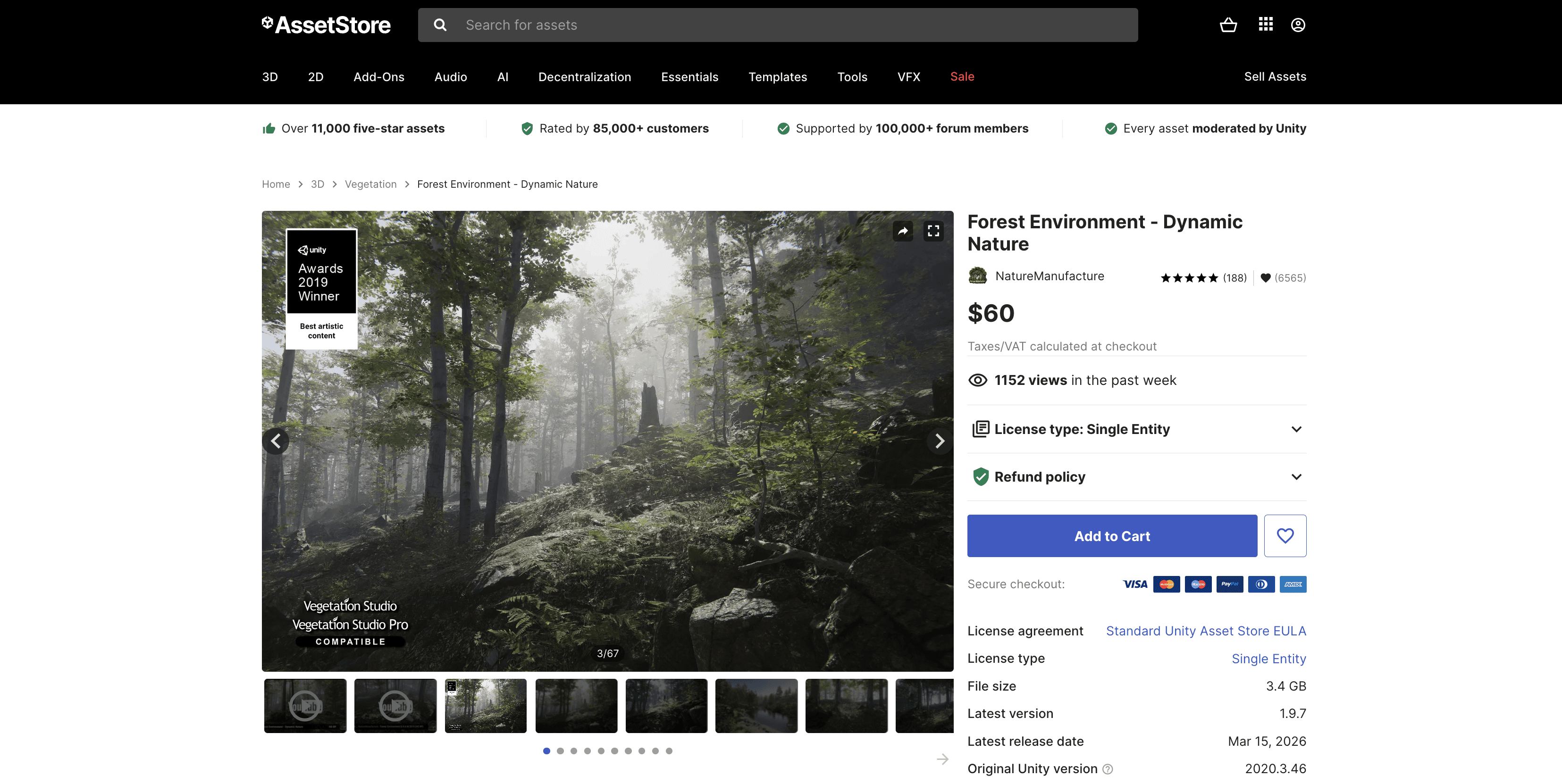 Unity Asset Store listing for Forest Environment - Dynamic Nature, showing a dense, realistic woodland environment.