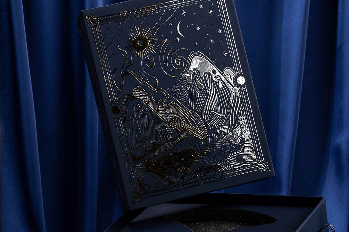 Rigid boxes, boxes, packaging for Corporate client printed on designer paper, binding board with mounting to board, raised foil stamping.