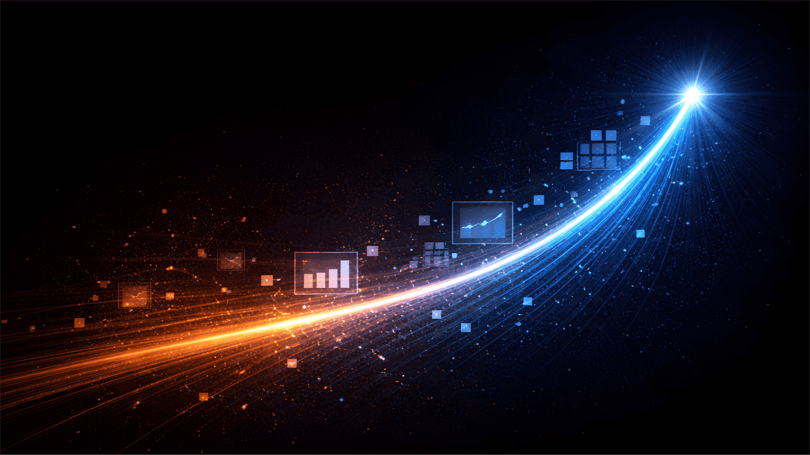 Abstract visualization of a system upgrade where multiple incoming data streams converge into a central core and expand into a more complex, interconnected blue network, representing a more powerful and scalable automation platform.